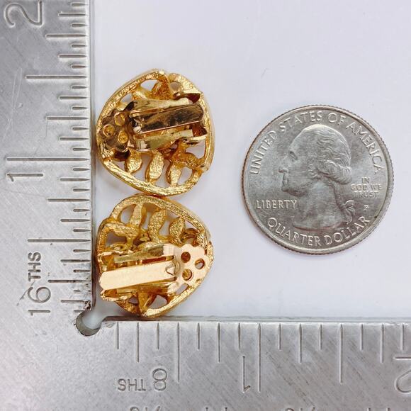 Vintage Mid Century Gold Tone Clip On Earrings Blue Rhinestone 1950s 1960s - Picture 10 of 10